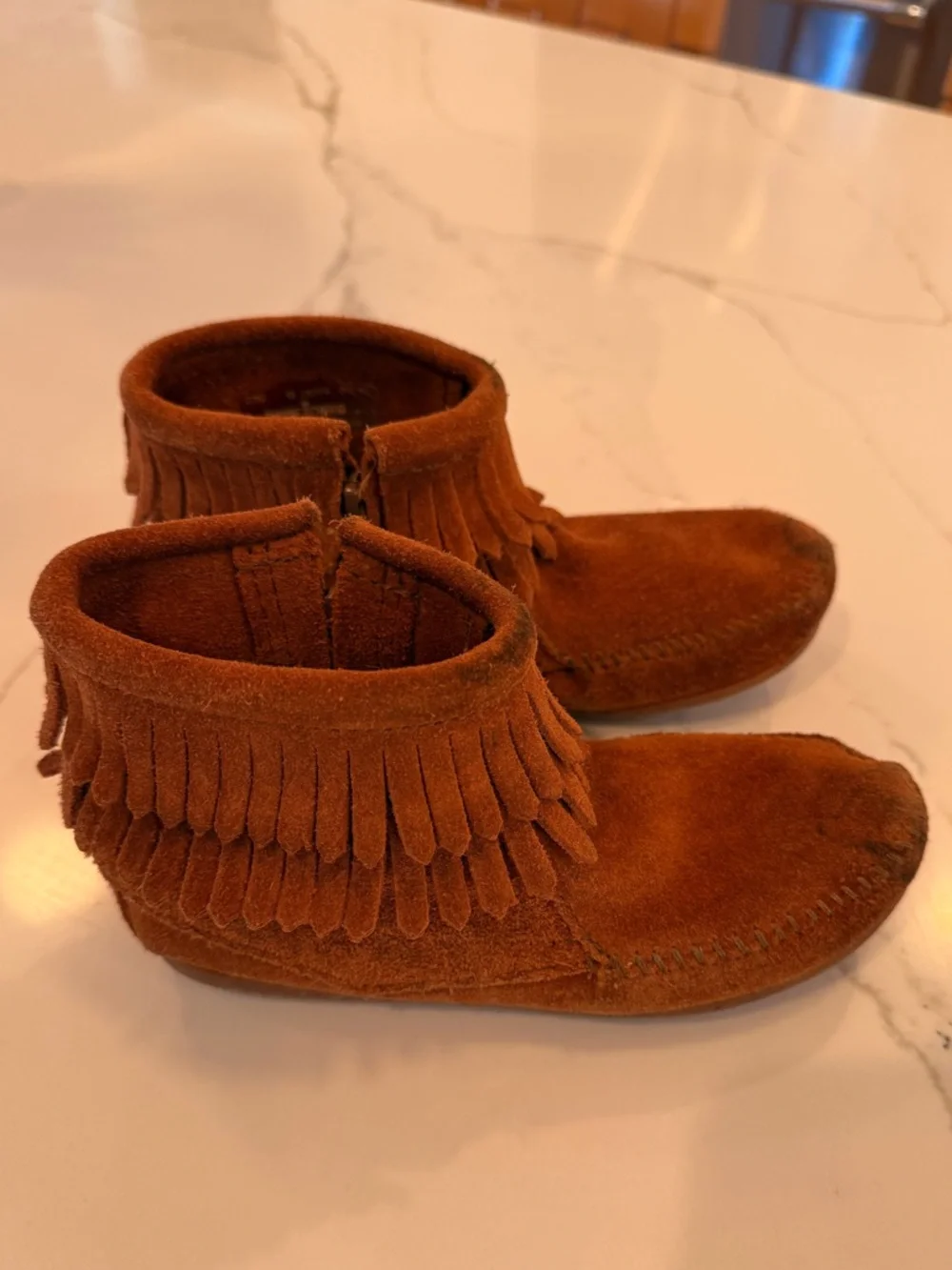 Kids Minnetonka Suede Fringe Ankle Boots - Brown size 13